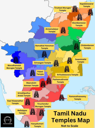 A map of temple land Tamil Nādu showing temples