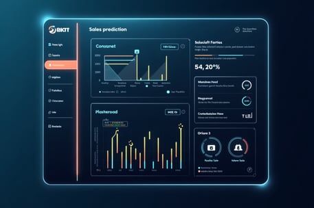 "AI-powered sales prediction dashboard showing revenue forecast, KPIs, and monthly performance trend