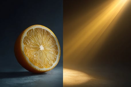 foto dividida verticalmente, uma laranja em fundo escuro, no outro lado representação daa luz solar