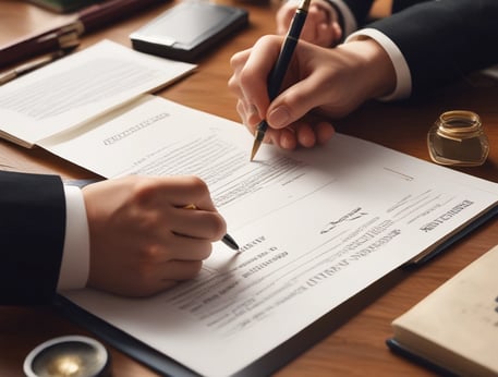 2 sets of hands both holding a pen about to sign a document that is sitting on a desk.