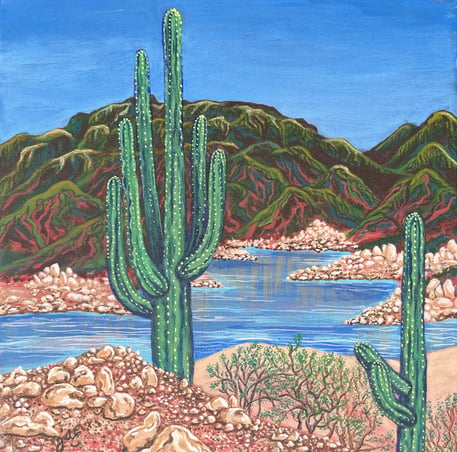 First Acrylic painting of two Saguaro Cactus at Bartlett lake Arizona