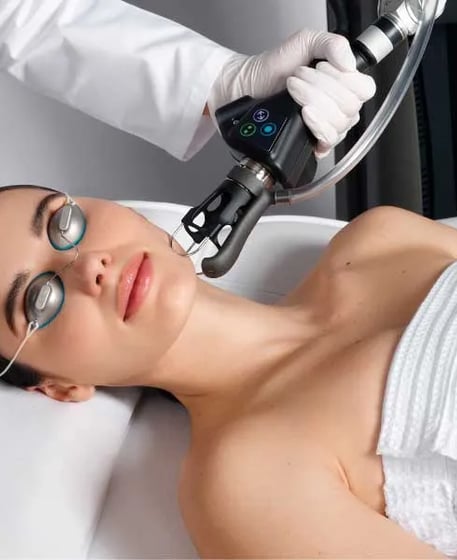 a woman getting a laser treatment from a laser machine