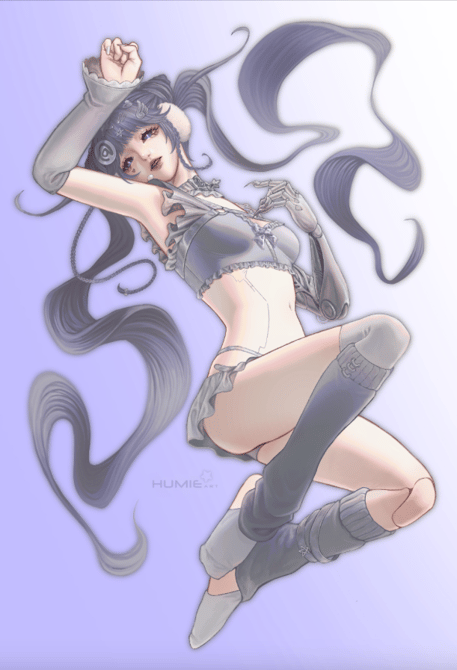Painting of my vtuber persona Humie floating, soft pastel purple background and a flowy composition.