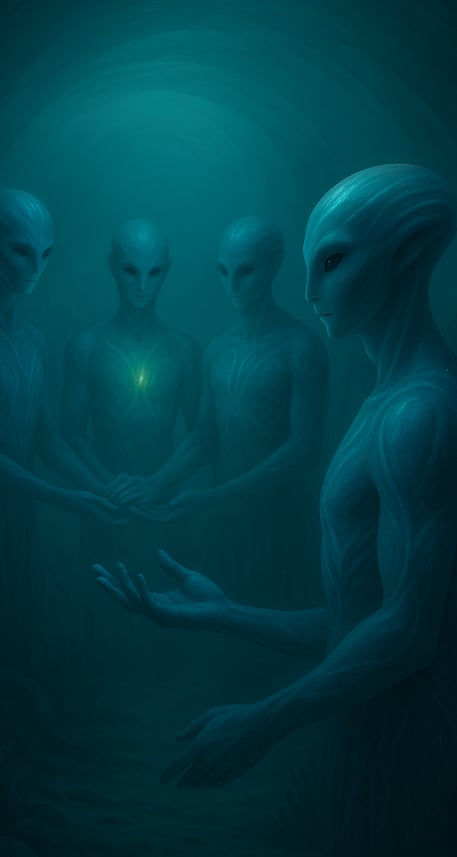 Imagem Ilustrativa de uma Reunião na Sociedade das Marés no Planeta K2 18b