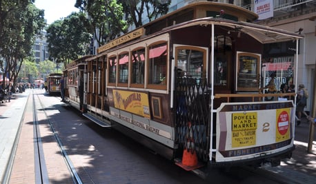 a cable car on a trolley in San Francisco