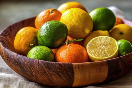 Um prato de madeira contento frutos ácidos, laranjas, limões e tangerinas