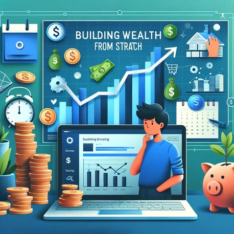 young person looking at a growth chart with stacks of coins and investment icons representing stocks