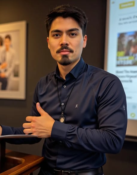 Rafael a software engineer presenting in a blue shirt and black pants