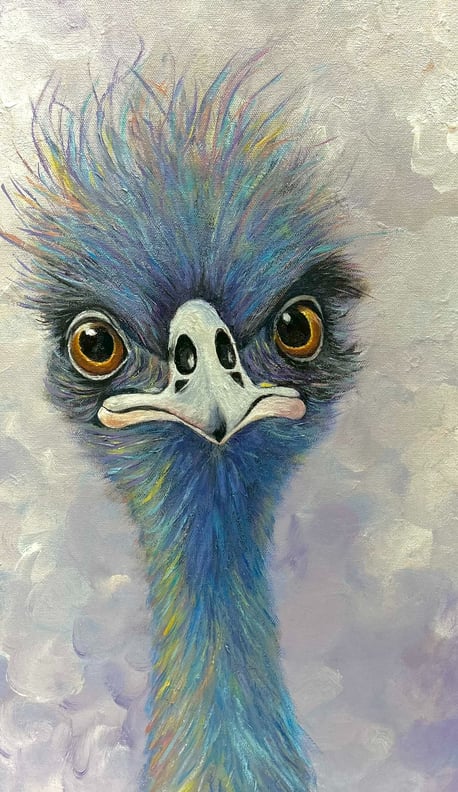 Abstract acrylic painting of Emu.  Colourful funny painting