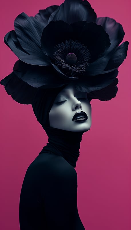 a woman with a black hat and a black dress, ai art, wallart, collageri