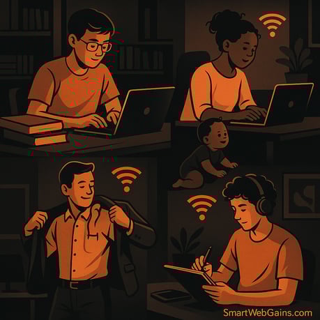 Diverse freelancers working from home — a student, a parent, an office worker, and an artist — all u