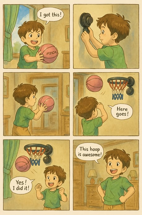 Kids trying to play FECA basketball kit at home- Ghibli style