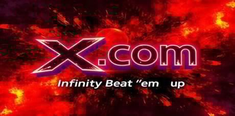 a red and black logo with the word x.com infinity beat 'em up