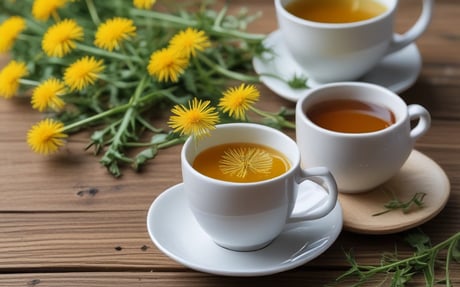 A clear glass cup filled with reddish herbal tea, featuring a tea bag inside. Around the glass cup, there are dry flower petals and buds scattered on the light-colored surface. To the left, there's a small white bowl containing a variety of dried herbs and flowers. A blurred, partially visible magazine or book with a photo of a palm tree provides a soft background, along with some light-colored fabric.