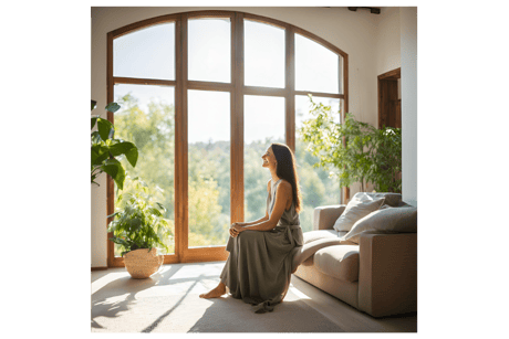 Femme joyeuse et sereine dans son environnement quotidien