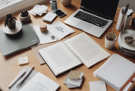 a laptop computer sitting on a table with papers and papers