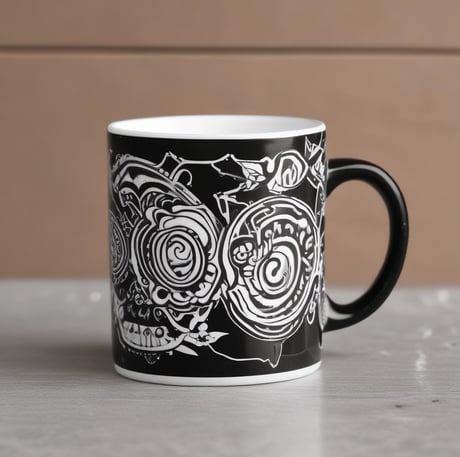 A white ceramic mug with a logo featuring a stylized figure is placed on a blanket of snow. The background shows blurred trees, indicating an outdoor setting with snow covering the ground.