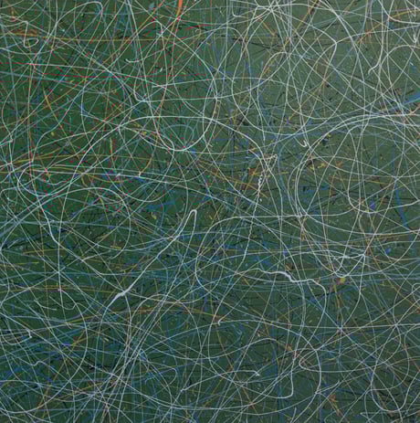 Abstract painting with a deep green background overlaid with energetic drips and looping lines in white, blue, and orange