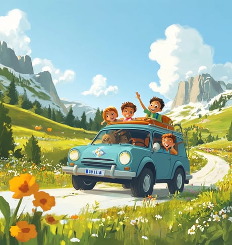 Simpele cartoon van een auto met kinderen