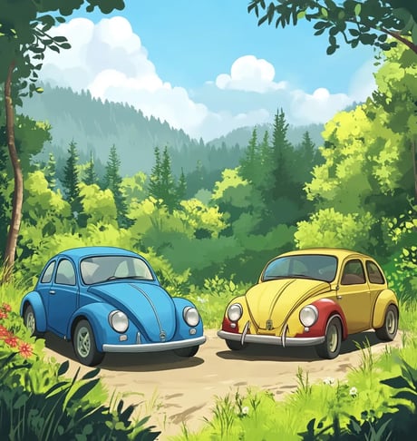 Simpele cartoon van twee auto's in de natuur