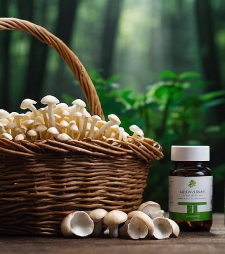 cesta de setas con hongos medicinales junto a a unos botes con capsulas de hongos