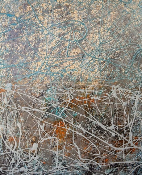 Abstract painting with layered metallic silver and copper textures overlaid by expressive turquoise and white paint splatters
