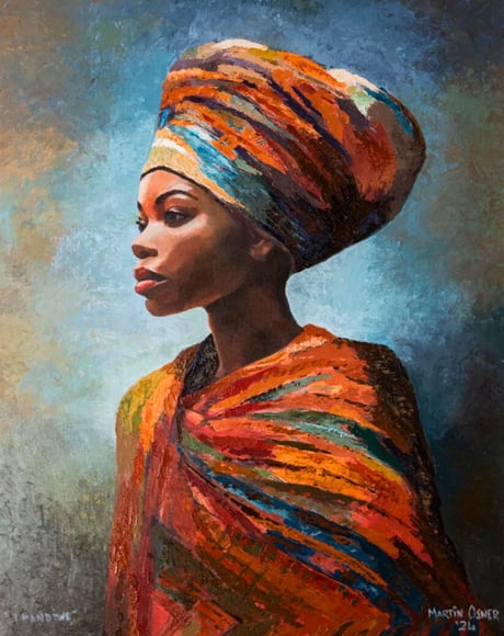 Thandiwe – vibrant African Queen portrait in orange and blue tones by Martin Osner, from Tshazile series