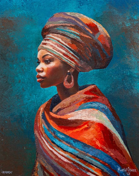 Ayanda – colourful African Queen portrait with blue and orange wrap by Martin Osner, from Tshazile series
