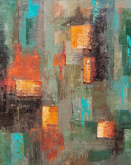 Abstract painting in earthy green tones with textured orange & copper patches and vibrant turquoise accents, by Martin Osner