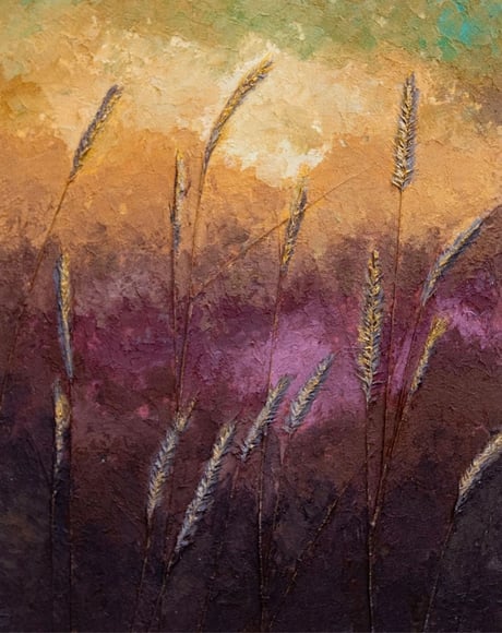 Textured abstract painting of tall grasses silhouetted against a softly blended sky in warm hues of gold, ochre, and violet