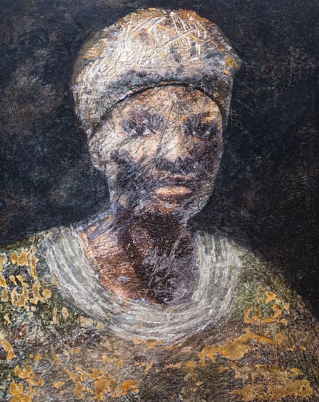 Eliza – large-scale portrait in ink and paint on metal by Martin Osner from the Memoirs of Light exhibition