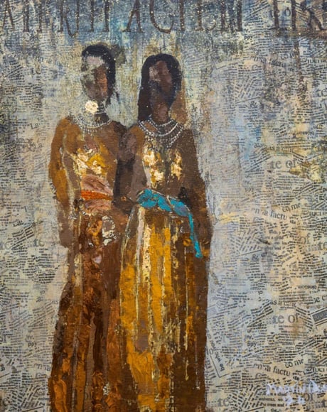 The Golden Girls – abstract impression of two African women in gold dresses by Martin Osner, painted on textured canvas