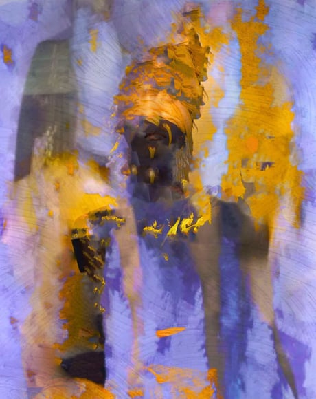Purple Reign – abstract portrait in violet and gold with textured overlays by Martin Osner from the African Queen Collection