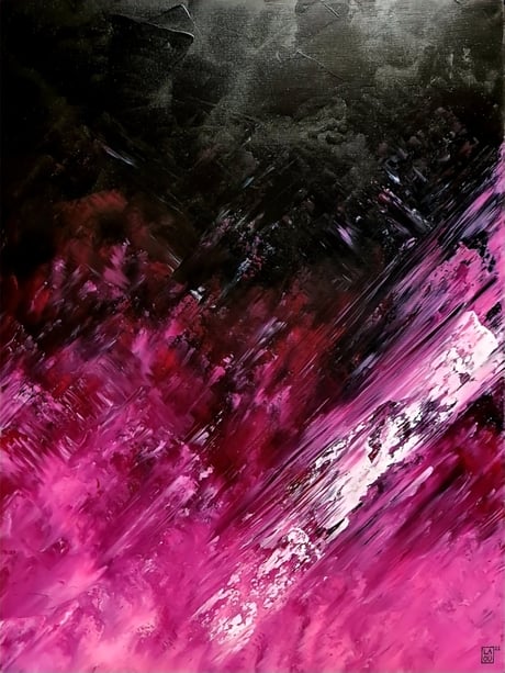 a painting of a pink and black painting of a pink and white background