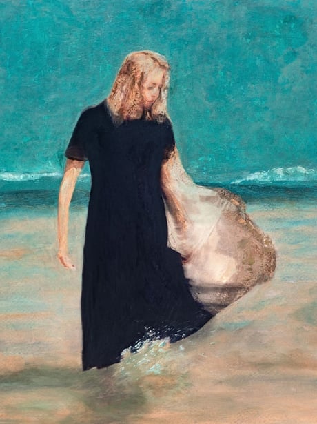 Mixed media painting by Martin Osner depicting a blonde woman in a black dress standing alone at the water’s edge