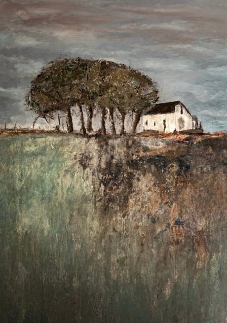 Landscape painting by Martin Osner showing a white farmhouse behind a row of trees under a moody sky, & textured underground