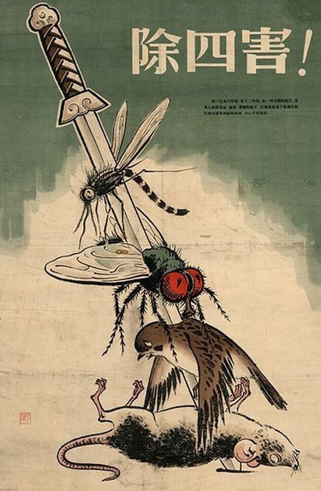 Chinese poster reading "Exterminate The Four Pests", 1958.