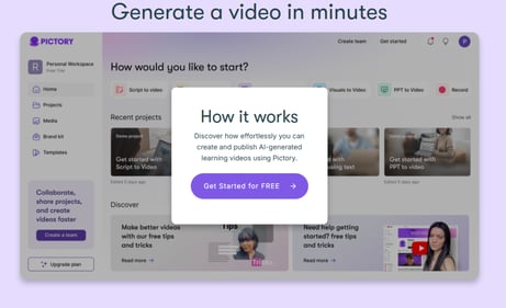 Homepage of Pictory AI showing generate a vidoe in minutes how it works