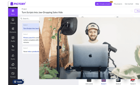 A man sitting in recording studio creating content with laptop, headphone