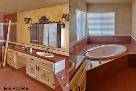 Existing master bathroom with dark red tile and sunk in tub.