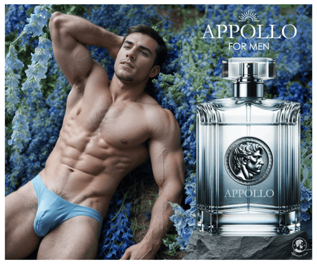 a man in blue underwear laying down on a bed of delphiniums and a cologne bottle next to him.