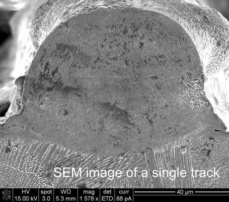 Microstructure of a single track deposited using Selective Laser Melting (SLM) showing Laves phases.