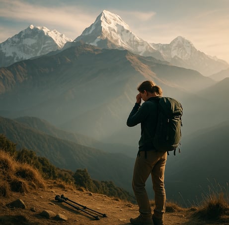 A trekker stands in emotional silence on a high ridge, overwhelmed by the beauty of the Himalayas.