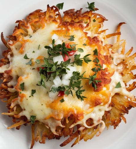 a plate of hashbrowns with cheese