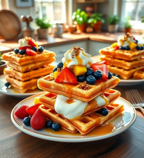a stack of waffles with fruit on top of them