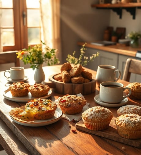 a table with a bunch of muffins and coffee