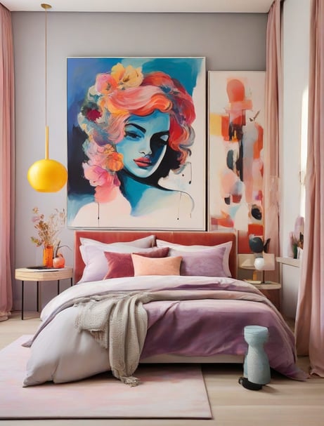 Decoração moderna com arte pop-art para o quarto.