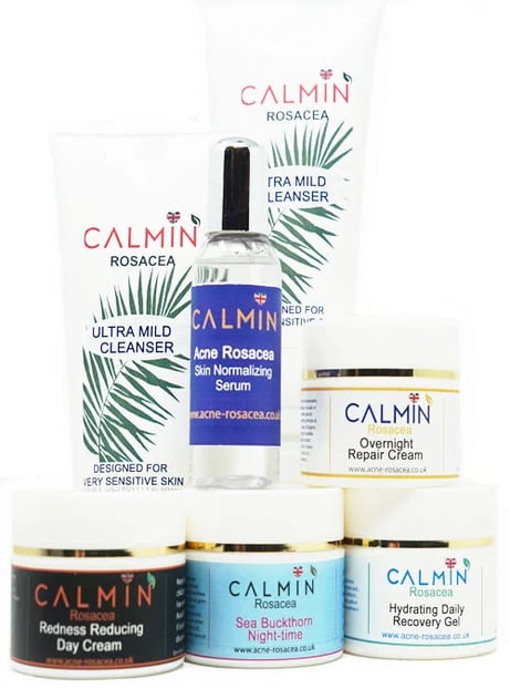 a variety of skin care products including a bottle of calmin