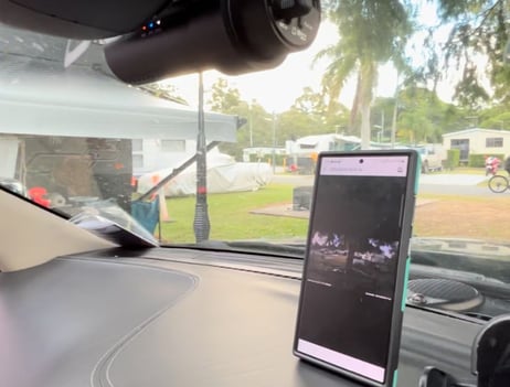 Professional dashcam installation in a Jeep Cherokee at Harbour Town Caravan Park, Treasure Island, Gold Coast
