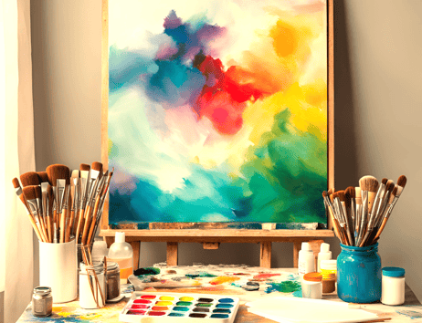 Espace de création, peinture, toile et pinceaux